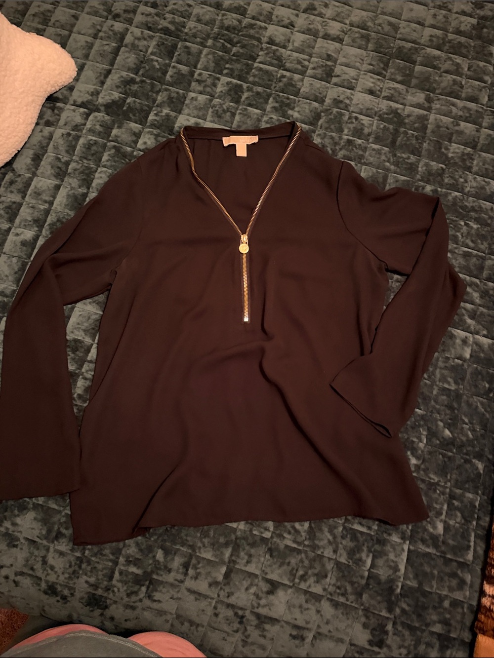 Michael Kors Black Long-Sleeve V-Neck Top with Gold Zip